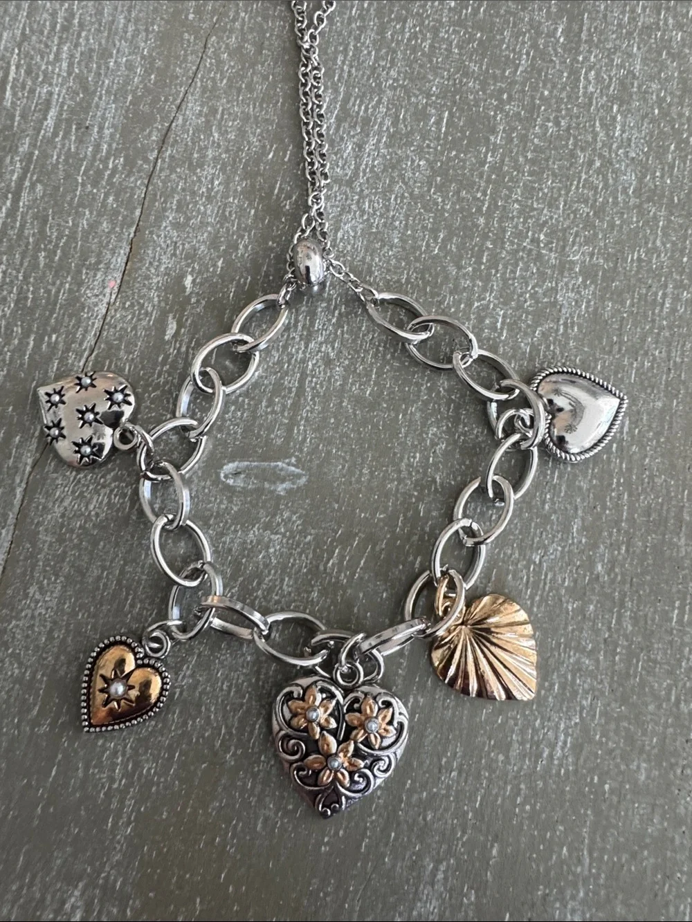 Two-Tone Heart Charm Bracelet - Silver & Gold Accents